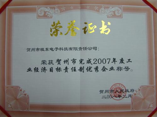 2007年 2007年度工業(yè)經(jīng)濟目賀州市完成標責任制優(yōu)秀企業(yè)