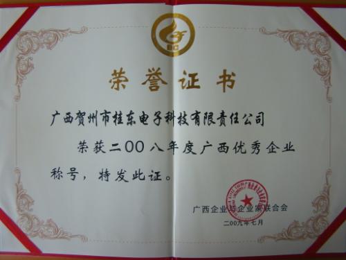 2008年 2008年度廣西優(yōu)秀企業(yè)證書